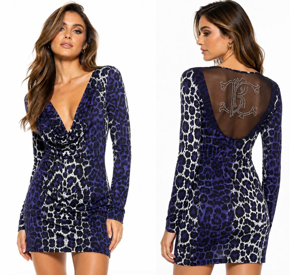 Roberto Cavalli Bodycon Mini Dress Mesh Back Crystal RC Logo Animal Print Size S